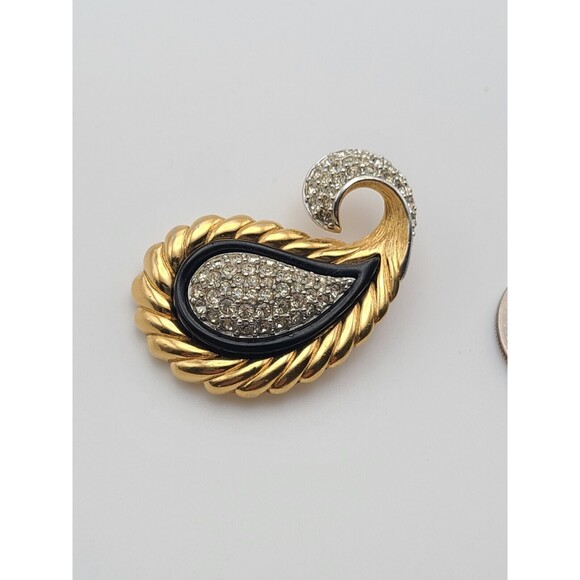 Signed Givenchy 1978 Paisley Rare Black Enamel And Rhinestone Brooch - Picture 1 of 5